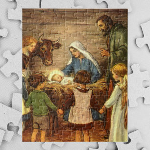 Kerstmis in vintage stijl, religieuze geboorte met legpuzzel