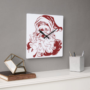 Kerstmis in vintage stijl, retro jolige kerstman,  vierkante klok