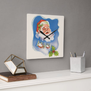 Kerstmis in vintage stijl, retro jolige kerstman vierkante klok