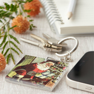 Kerstmis in vintage stijl, retro Kerstman met cade Sleutelhanger