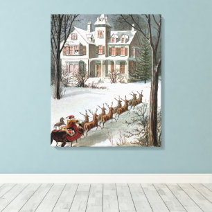 Kerstmis in vintage stijl, Sinterklaas met rendier Canvas Afdruk