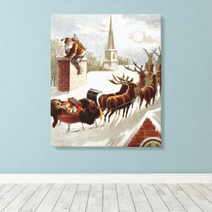 Kerstmis in vintage stijl, Sinterklaas op het dak Canvas Afdruk