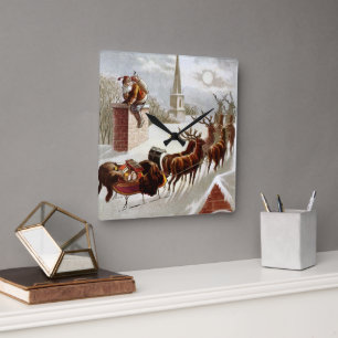 Kerstmis in vintage stijl, Sinterklaas op het dak Vierkante Klok