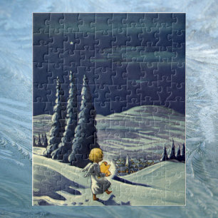 Kerstmis in vintage stijl, Sneeuw engel loopt met Legpuzzel