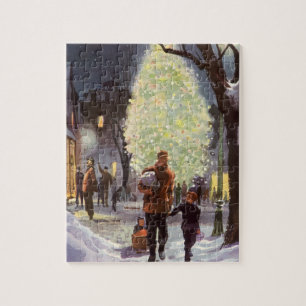 Kerstmis in vintage stijl, vader die met de kinder legpuzzel