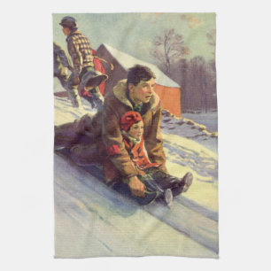 Kerstmis in vintage stijl, vader en dochter sleeën theedoek