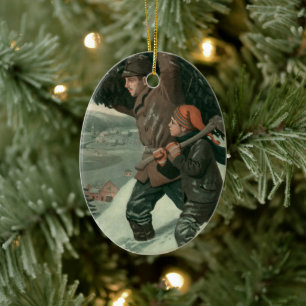 Kerstmis in vintage stijl, vader en zoon hakken ee keramisch ornament