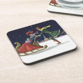 Kerstmis in vintage stijl, verliefd paar schaatst bier onderzetter (Linkerzijde)