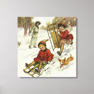Kerstmis in vintage stijl, Victoriaanse kinderen s Canvas Afdruk