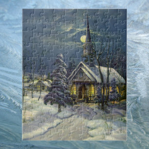Kerstmis in vintage stijl, winterkerk in de sneeuw legpuzzel