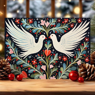 Kerstmis in Volkskunststijl met Duiven en Bloemen Feestdagen Kaart
