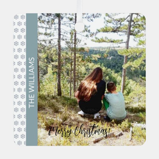 Kerstmis ingelijst Foto Sneeuwvlokken Wit Blauw Metalen Ornament (Voorkant)