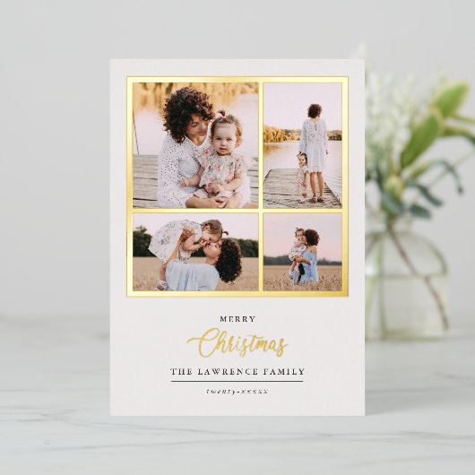 Kerstmis is goud | Munt Modern 4 foto-feestdagen Folie Uitnodiging (Staand Voorkant)