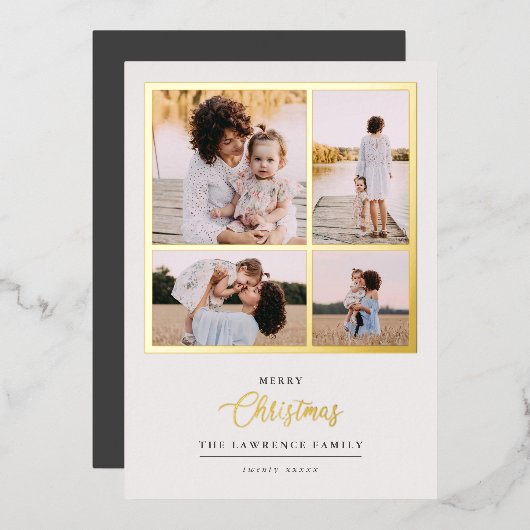 Kerstmis is goud | Munt Modern 4 foto-feestdagen Folie Uitnodiging (Voorkant / Achterkant)