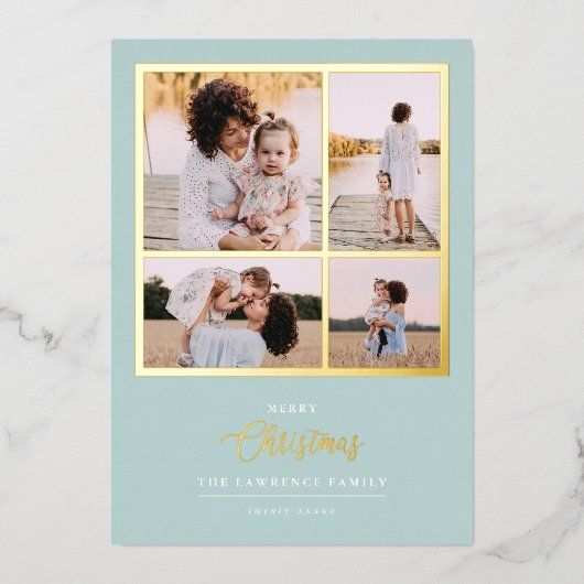 Kerstmis is goud | Munt Modern 4 foto-feestdagen Folie Uitnodiging (Voorkant)