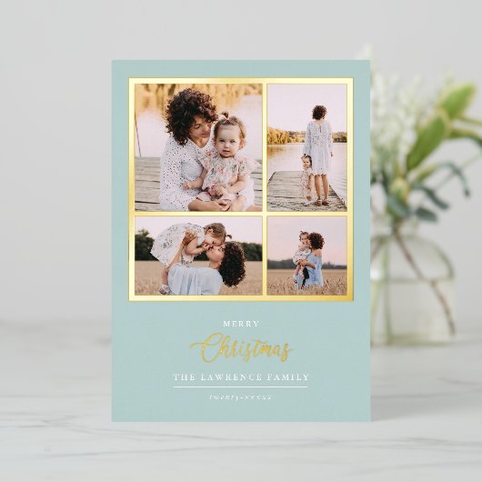 Kerstmis is goud | Munt Modern 4 foto-feestdagen Folie Uitnodiging (Staand Voorkant)
