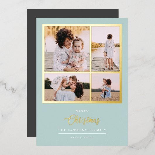 Kerstmis is goud | Munt Modern 4 foto-feestdagen Folie Uitnodiging (Voorkant / Achterkant)
