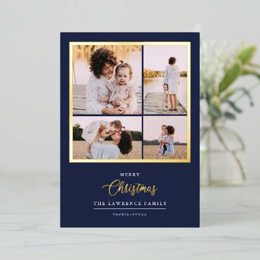 Kerstmis is goud | Munt Modern 4 foto-feestdagen Folie Uitnodiging (Staand Voorkant)