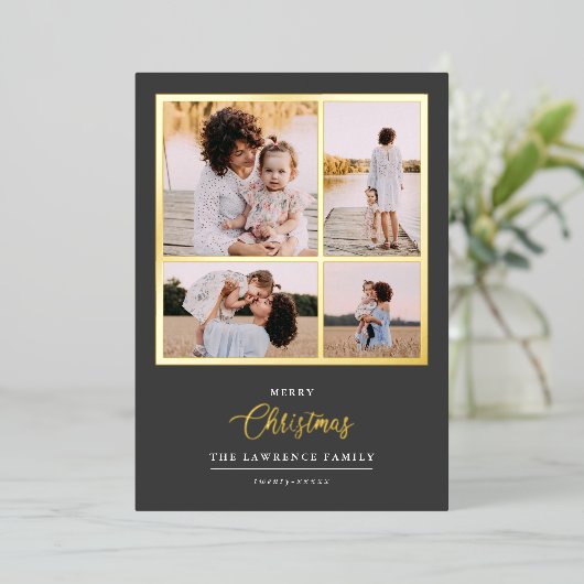 Kerstmis is goud | Munt Modern 4 foto-feestdagen Folie Uitnodiging (Staand Voorkant)