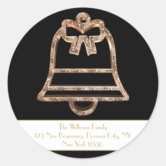 Kerstmis Jingle Bell Zwart en Wit Goud Script Ronde Sticker (Voorkant)
