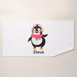 Kerstmis Jolly Pinguïn in Sjaal met Oorkappen Badhanddoek
