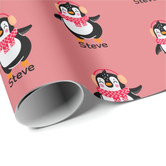 Kerstmis Jolly Pinguïn in Sjaal met Oorkappen Cadeaupapier (Rol Hoek)