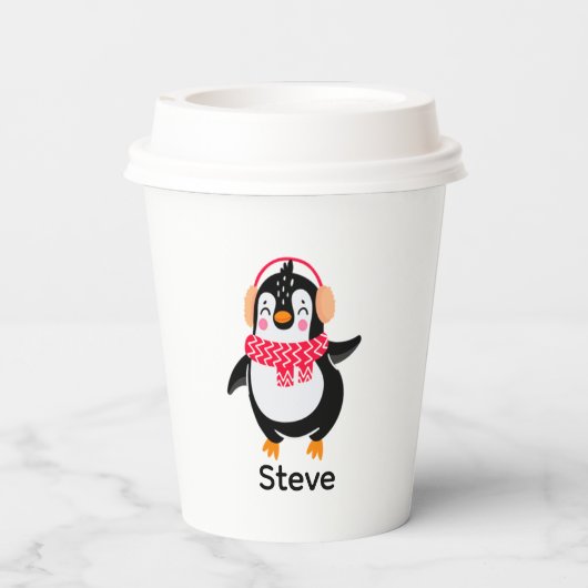 Kerstmis Jolly Pinguïn in Sjaal met Oorkappen Papieren Bekers (Achterkant)