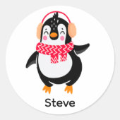 Kerstmis Jolly Pinguïn in Sjaal met Oorkappen Ronde Sticker (Voorkant)