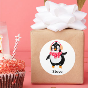 Kerstmis Jolly Pinguïn in Sjaal met Oorkappen Ronde Sticker