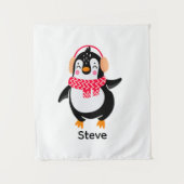 Kerstmis Jolly Pinguïn in Sjaal met Oorkappen Wandkleed (Voorkant)