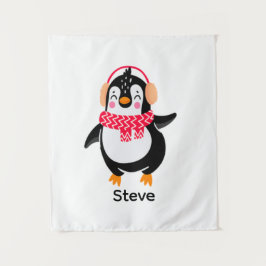 Kerstmis Jolly Pinguïn in Sjaal met Oorkappen Wandkleed