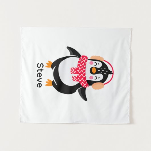 Kerstmis Jolly Pinguïn in Sjaal met Oorkappen Wandkleed (Voorkant (horizontaal))