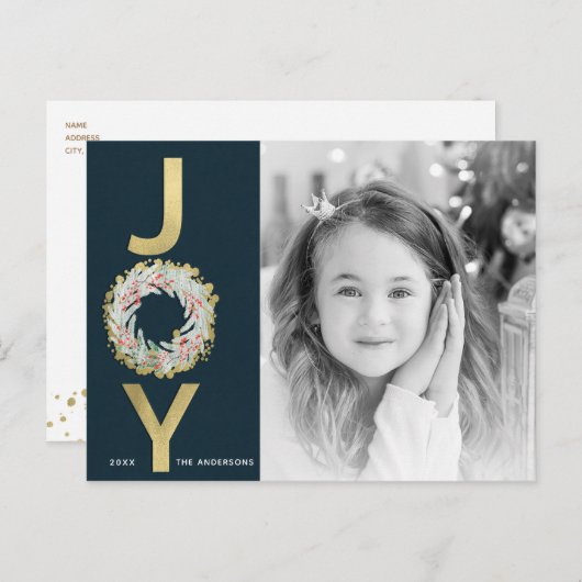 KERSTMIS JOY Krans Gouden folie Moderne foto Feestdagenkaart (Voorkant / Achterkant)