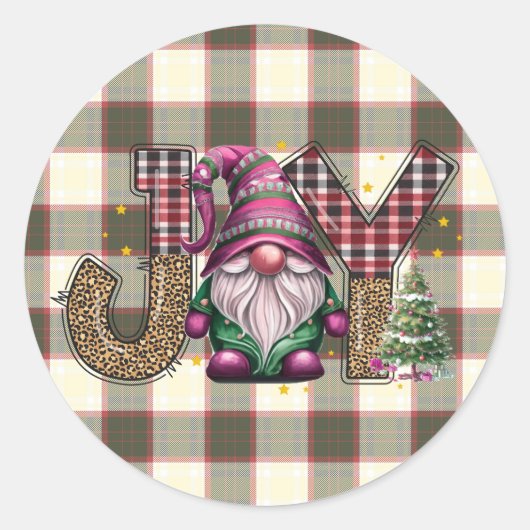 Kerstmis Joy Nordic Gnome Plaid Girly Ronde Sticker (Voorkant)