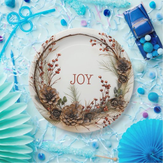Kerstmis Joy Twig Krans Pijnappel Kegels Rode bess Papieren Bordje (Feest)