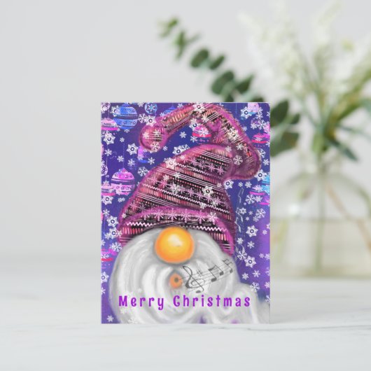 Kerstmis Kaart Gelukkige Gnome in Paarse Pet (Staand voorkant)