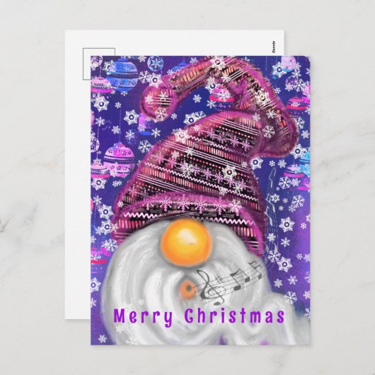 Kerstmis Kaart Gelukkige Gnome in Paarse Pet (Voorkant / Achterkant)