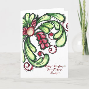 Kerstmis Kaart, Hand getrokken bloeien, Kleurenpot Feestdagen Kaart