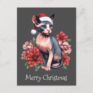 Kerstmis Kaart Sphynx kat met een kerstmuts