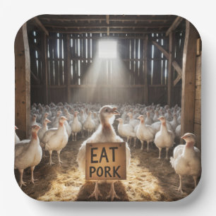 Kerstmis kalkoen met "Eet varkensvlees" bord