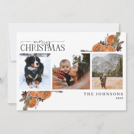 Kerstmis kalligrafie citrus botanische foto feestdagenkaart (Voorkant)