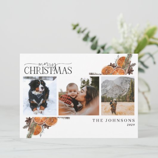 Kerstmis kalligrafie citrus botanische foto feestdagenkaart (Staand voorkant)