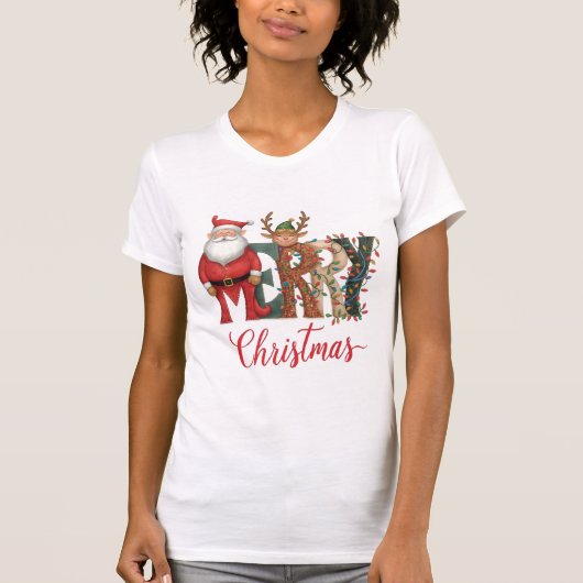 Kerstmis Karakter Lettering | Kerstman & Rendier T-shirt (Voorkant)