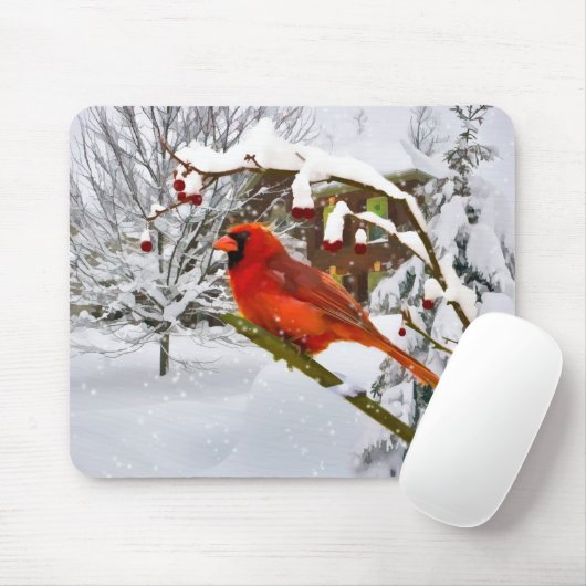 Kerstmis, Kardinaal Bird, Sneeuw, Mousepad Muismat (Met muis)