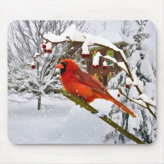 Kerstmis, Kardinaal Bird, Sneeuw, Mousepad Muismat (Voorkant)