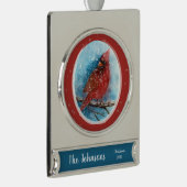 Kerstmis Kardinaal met Naam & Datum Verzilverd Banner Ornament (Rechts)