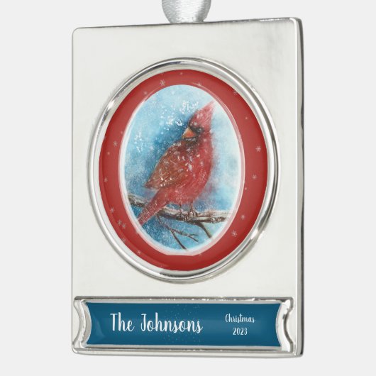 Kerstmis Kardinaal met Naam & Datum Verzilverd Banner Ornament (Links)