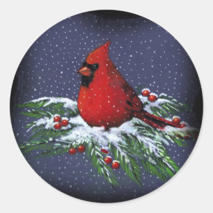 KERSTMIS KARDINAAL: VOGEL: KUNST: SNEEUW RONDE STICKER