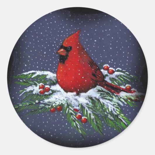 KERSTMIS KARDINAAL: VOGEL: KUNST: SNEEUW RONDE STICKER (Voorkant)