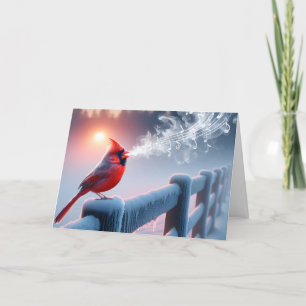 Kerstmis kardinaal zingen in ijzige zonsopgang feestdagen kaart